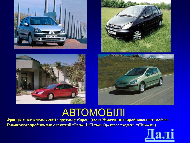 АВТОМОБІЛІ Франція є четвертим у світі і другим у Європі (після Німеччини) виробником автомобілів.